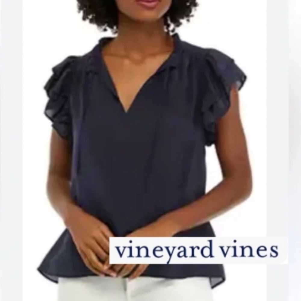 Vineyard Vines Navy silk blend top, M, CB2498